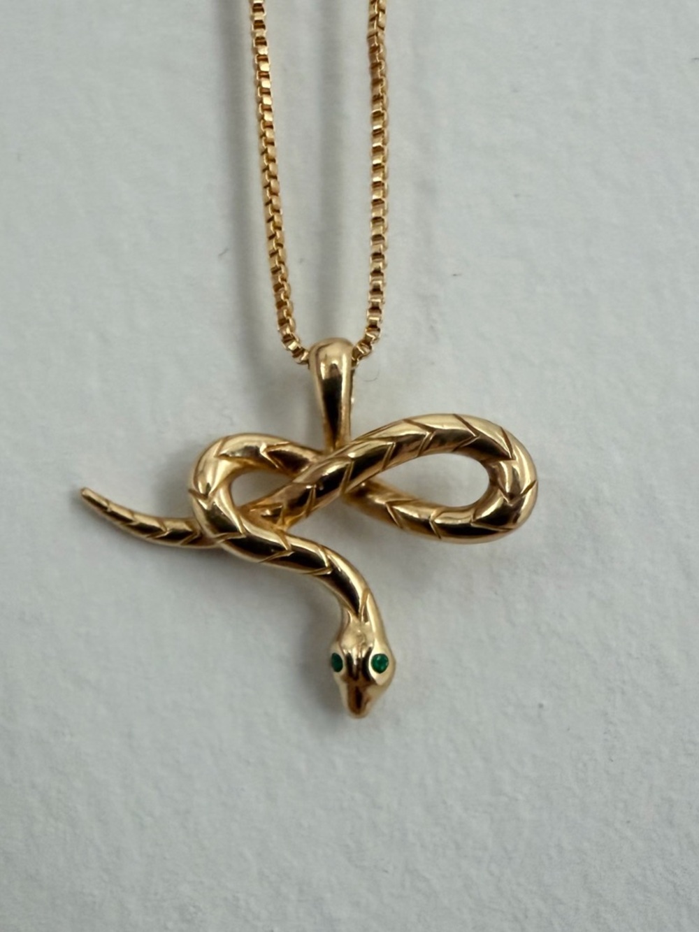 Awe Inspired Infinity Snake Pendant Necklace with Green Eyes 18k Gold Filled